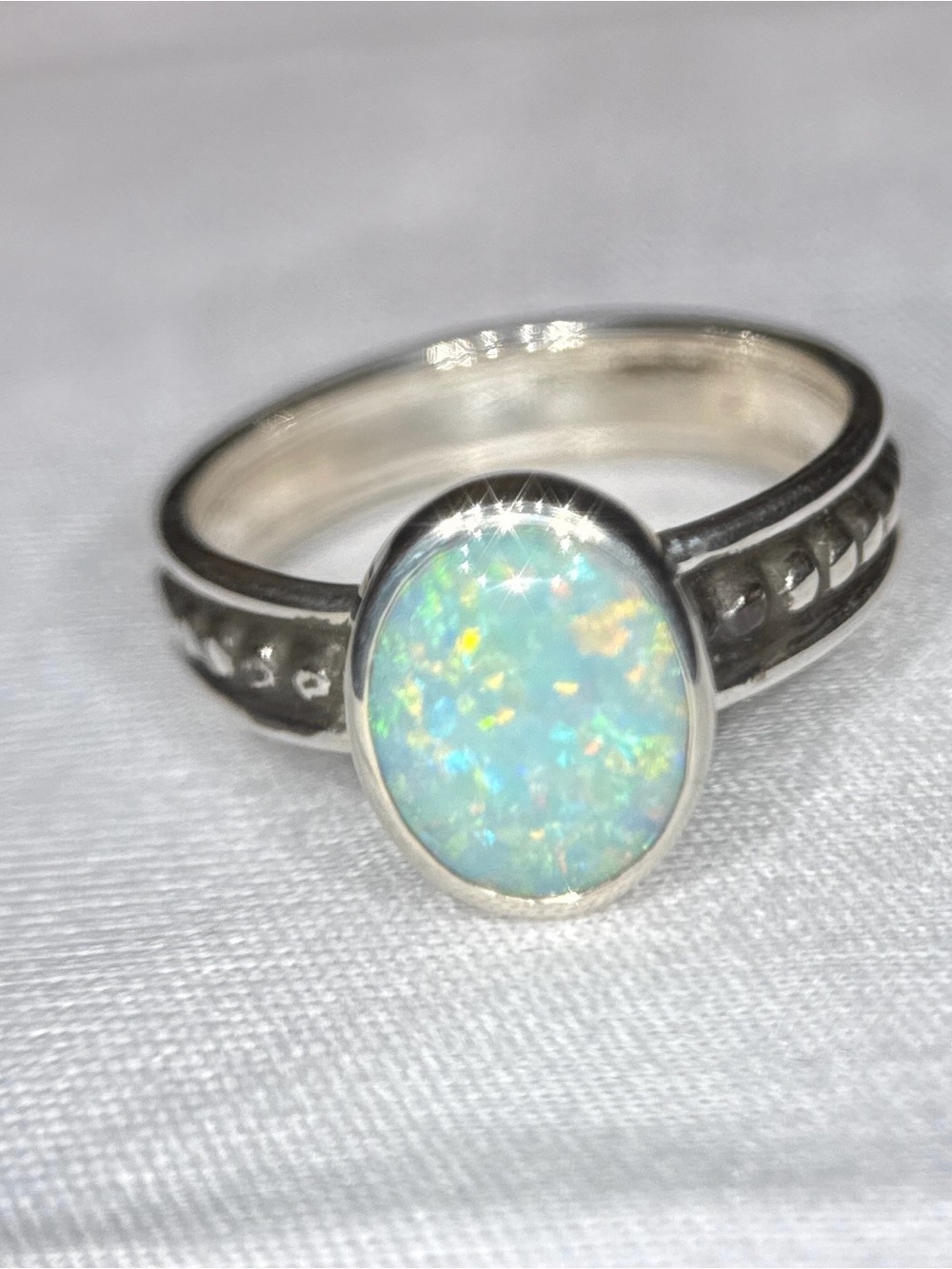Sterling Silver Australian Opal Oval Ring - Blue Green Fire w/ Many colors